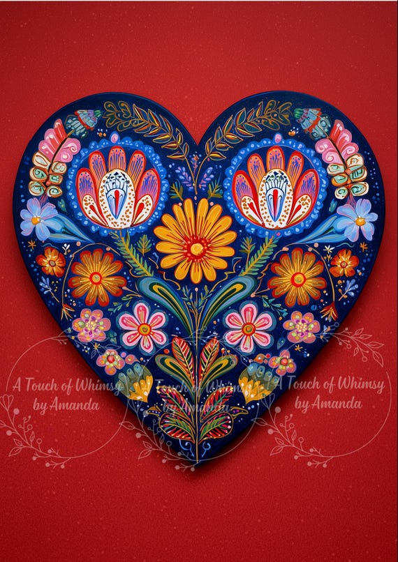 Folk Art Heart on Red Decoupage Tissue and A4 Rice Paper