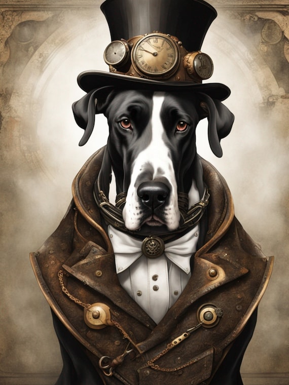 Steampunk Great Dane Decoupage Paper - Victorian Dog Art - Industrial Gears - Rice Paper Tissue - Vintage SciFi - Furniture DIY A4