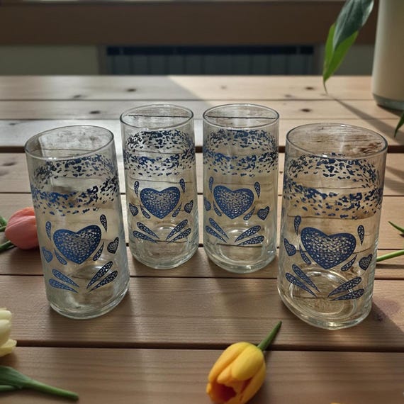 4 Corelle Corning Ware Blue Sponge Country Hearts Drink Glass Tumblers