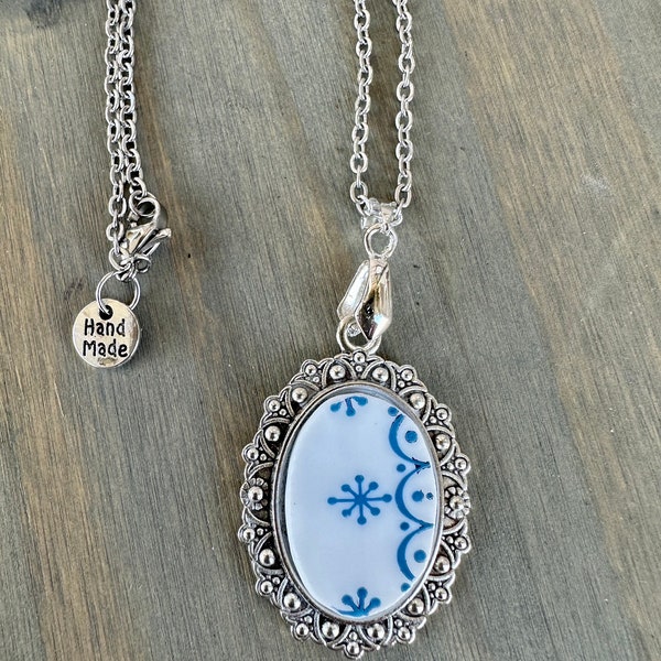 Broken China Jewelry, made out of a Vintage 1970s Correlle Plate “Snowflake Blue” on Silver pendant