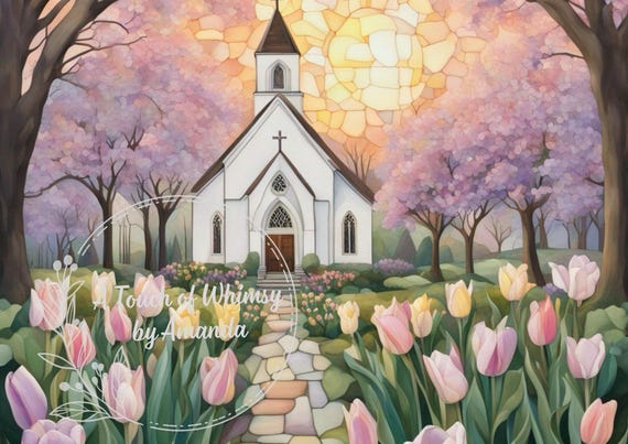 Stainglass Church in Springtime Decoupage Rice Paper A4