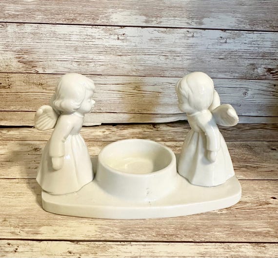 Vintage Porcelain Kissing Angels Figurine Candle Holder & Tealight