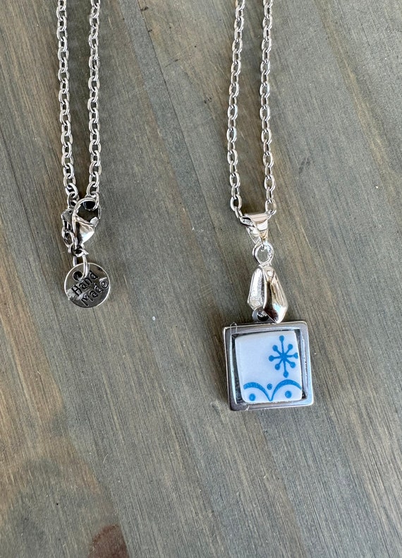Broken China Pendant Necklace, 1970s Corelle Snowflake Blue, Silver Bezel