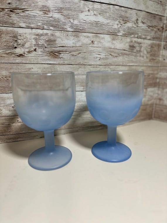 2 Vintage Frosted Blue And Clear  Bartlett Collins  Thumbprint Goblets Rare