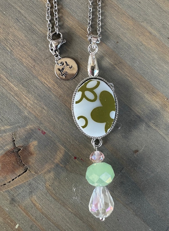 Pyrex Spring Blossom Necklace, Broken China Jewelry, Handmade Upcycled Repurposed, Silver
