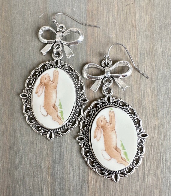 Royal Doulton Bunnykins Broken China earrings with Bow accents