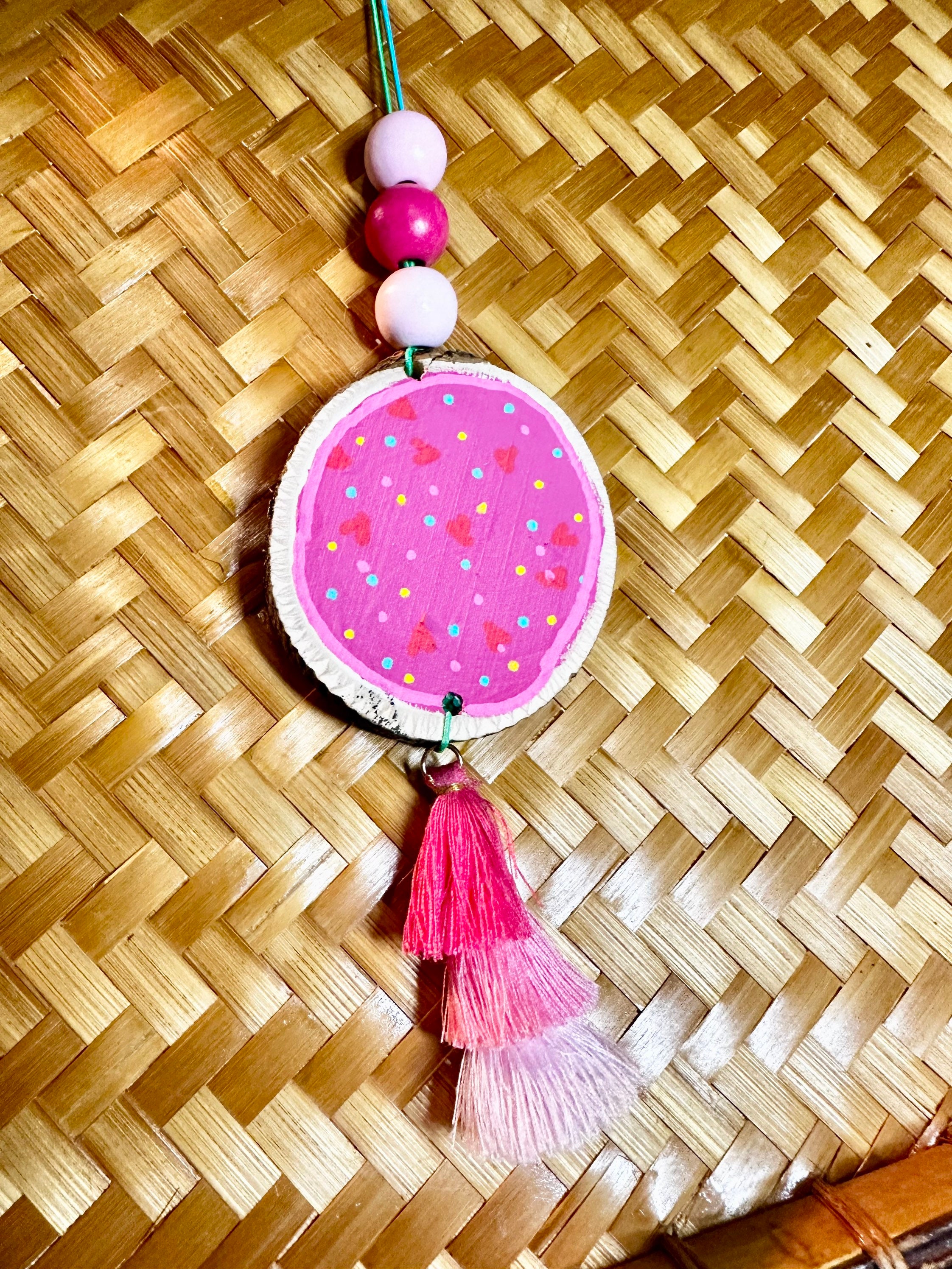 Totally Unique Floral Car Charm on Wood Slice With Tassel and Wood