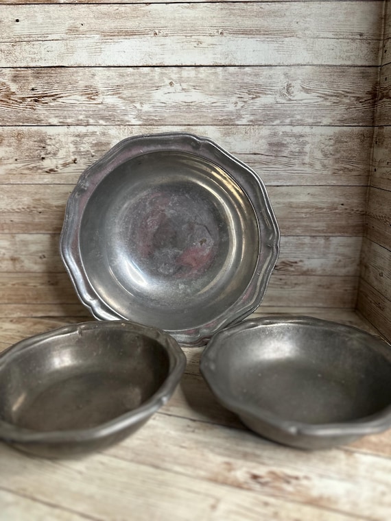 Wilton Pewter Vegetable Serving Bowl 9" Vintage And Two 7” Soup Cereal Bowls