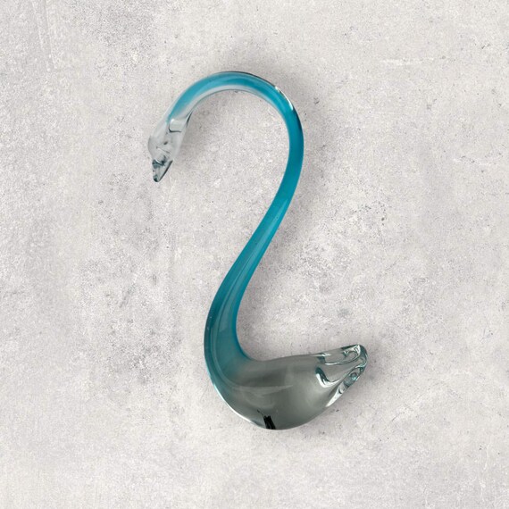 Art Glass Swan 10" Clear Aqua light Blue Art Deco Hand Blown