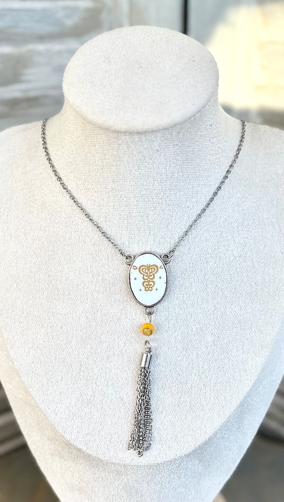 Corelle Butterfly Gold Jewelry, Vintage Broekn China Pendant, Handmade Upcycled Repurposed