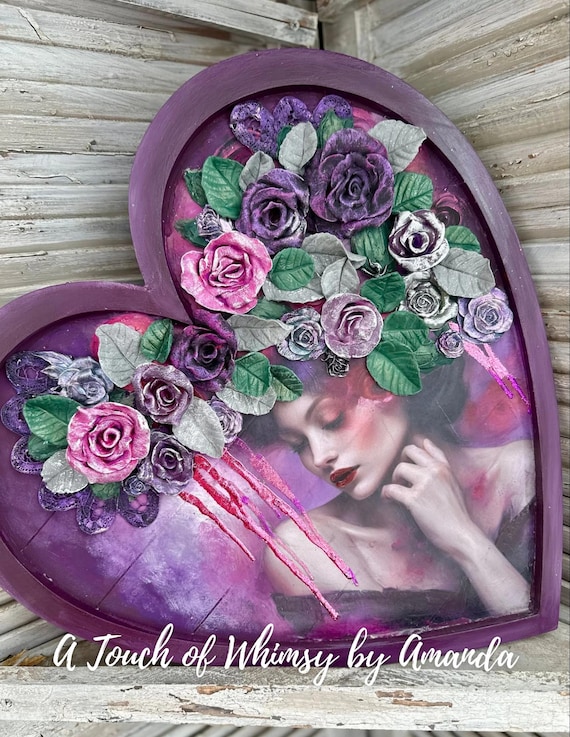 Romantic Lady in Plum Decoupage Wooden Heart with rose bouquet with Vintage Elegance