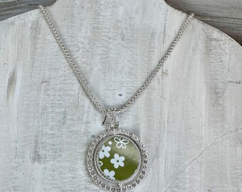 Broken China Jewelry, made out of a Vintage 1970s Pyrex Bowl “Spring Blossom” on Silver rhinestone necklace