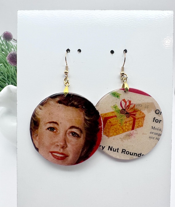 1958 Family Circle Christmas Earrings, Betty Crocker and Fruitecake