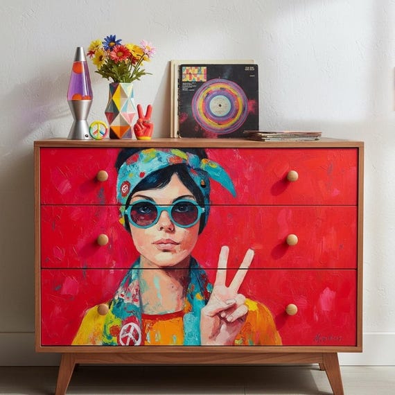 Pop Art Woman Rice Paper, Funky Glasses Decoupage Sheet, Peace Sign Mixed Media A4, DIY Furniture Upcycling, Retro Woman Craft Supplies