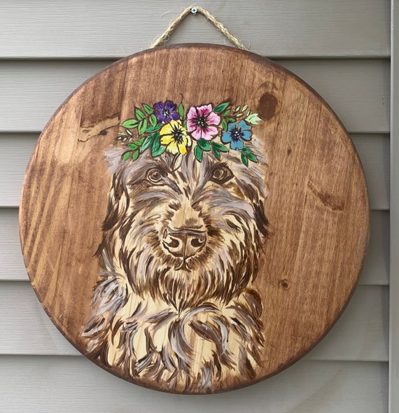 Artist stained round sign goldendoodle with flower crown