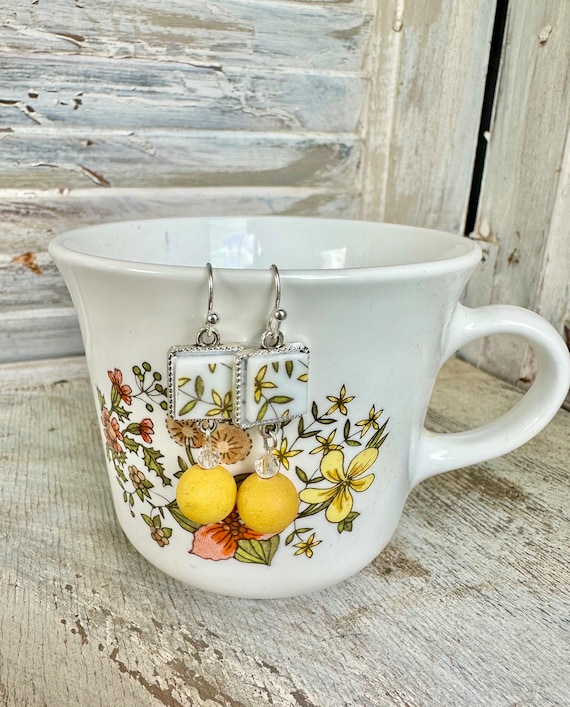 Corelle Indian Summer Earrings, Repurposed China, Square Dangles
