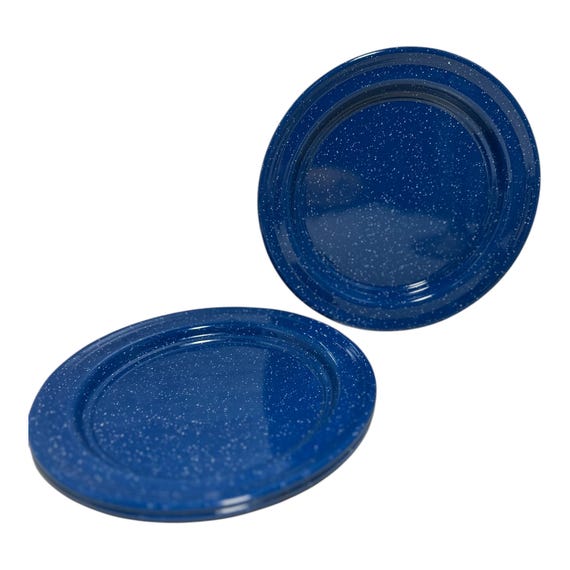 3 Finely Blue Speckled 10.25" W Enamel Granite Ware Dinner Plates, Very Good!