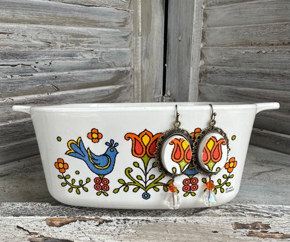 Unique 1970s Country Festival Corningware Drop earrings