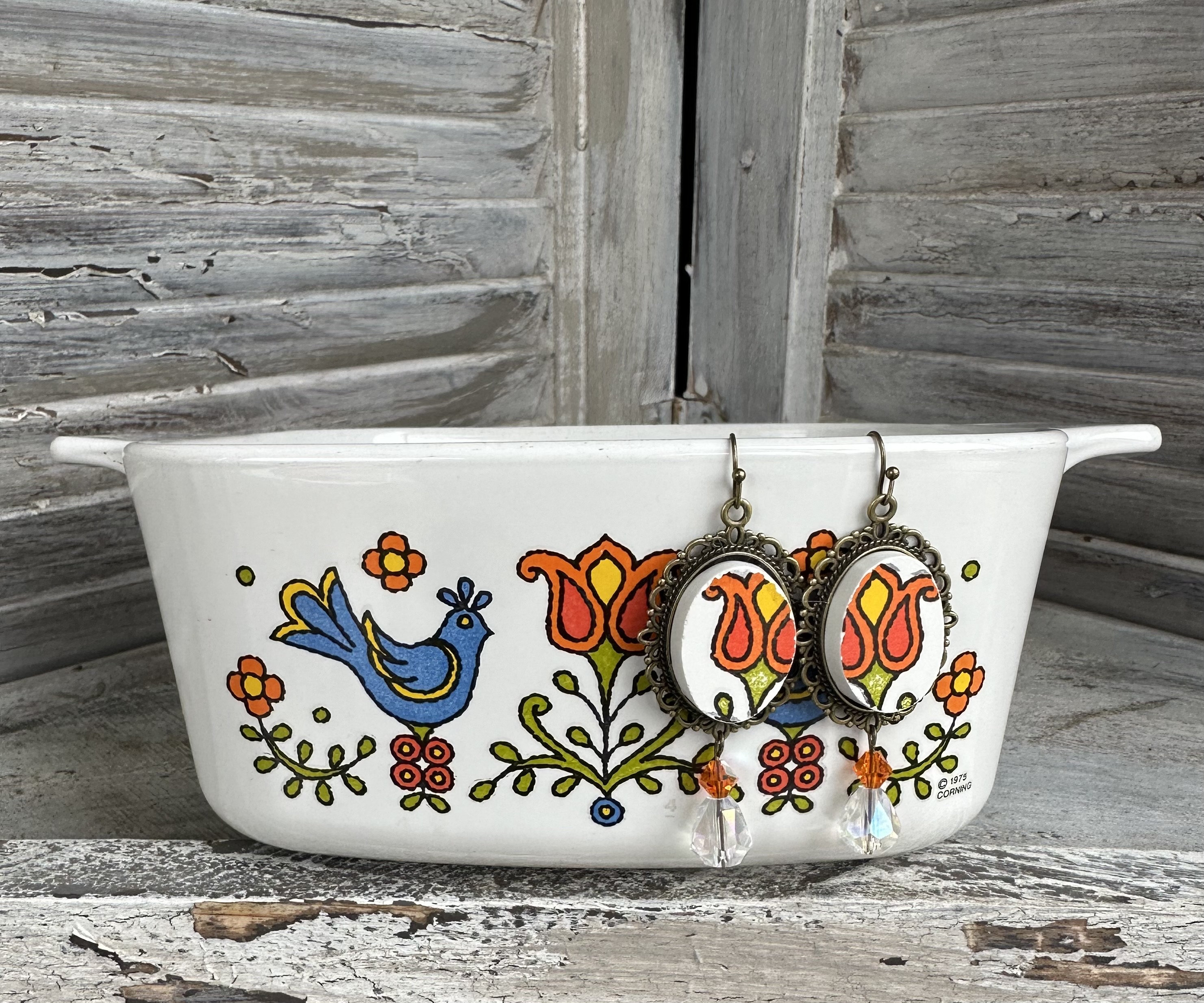 Unique 1970s Country Festival Corningware Drop earrings