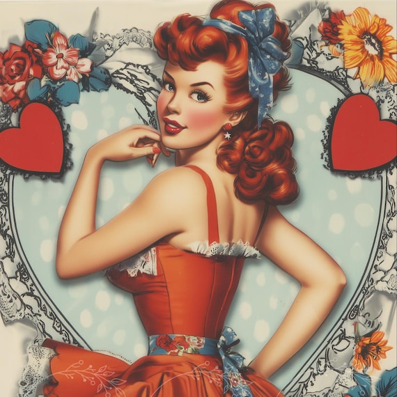 Sexy Red Head Retro Valentine Pin-Up Girl Decoupage Tissue and A4 Rice Paper