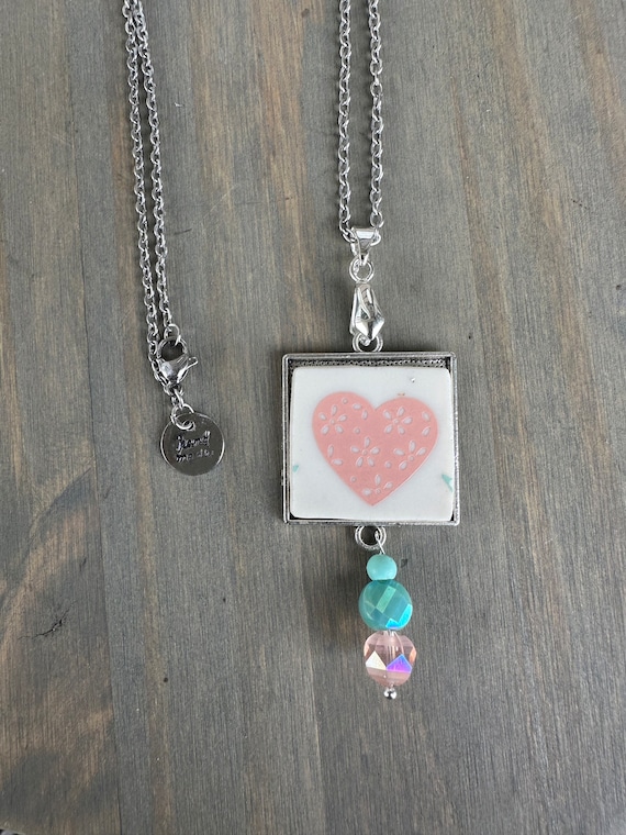 Broken China Jewelry, made out of a Vintage  Correlle Plate “Forever Yours” on Silver pendant