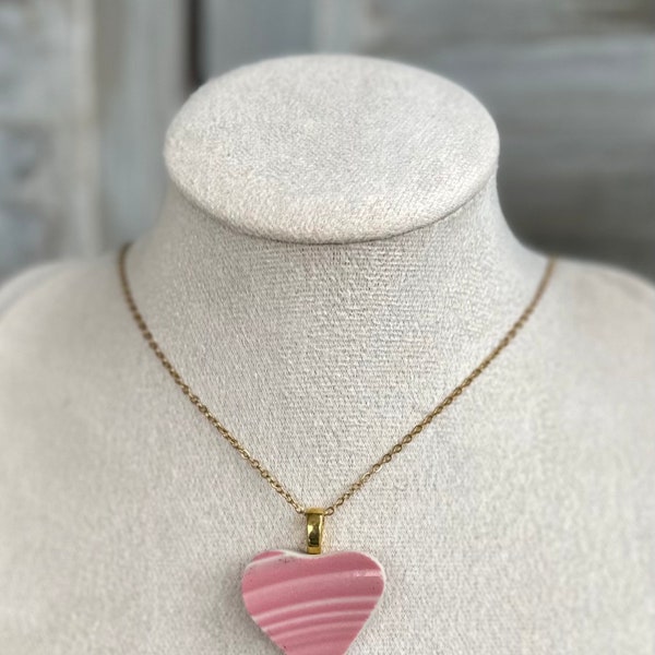 Beautiful broken china pendant necklace using a vintage Pink Fiestaware plate, on gold necklace