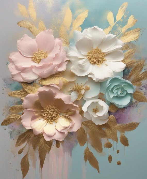 Abstract Floral Decoupage Paper Pink Blue White Gold Texture Rice Paper Tissue Modern Flower Painting Furniture Scrapbook Mixed Media Art