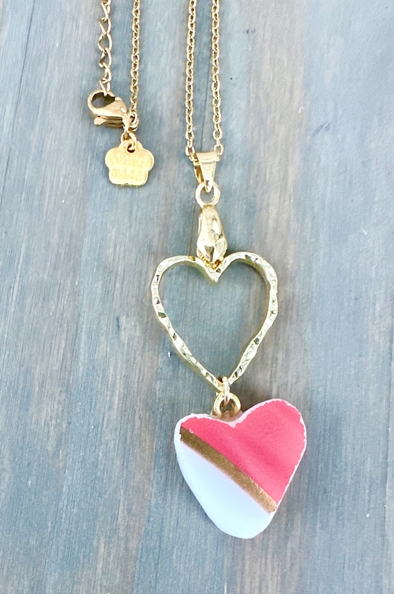 One of a kind Pyrex Flamingo Pink heart necklace on gold chain