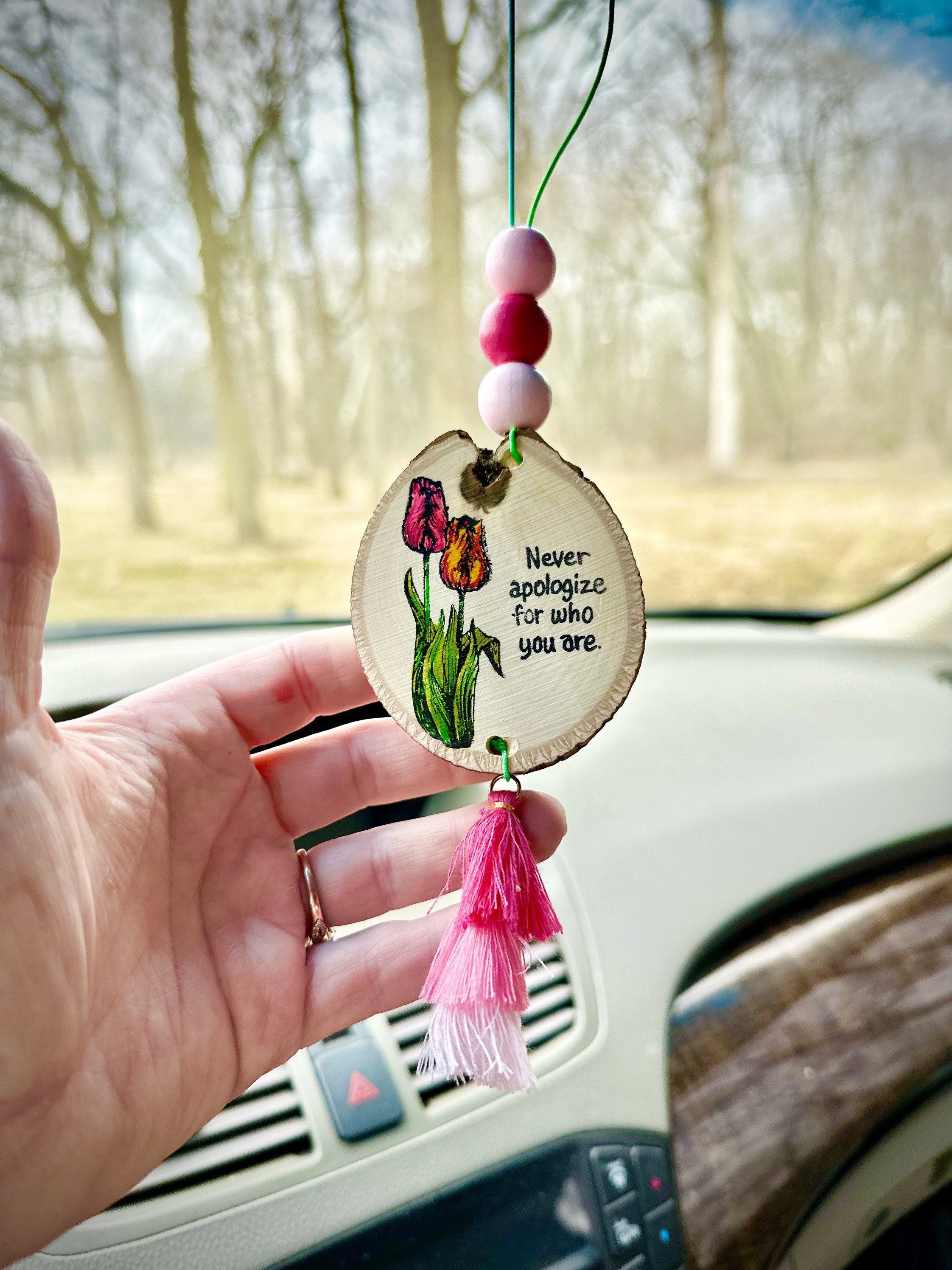 Totally Unique Floral Car Charm on Wood Slice With Tassel and Wood Beads 