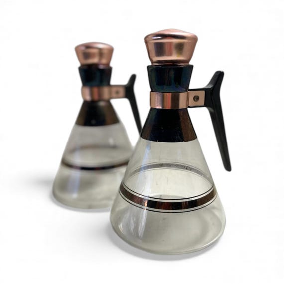 Set of 2 Inland Glass Coffee Carafe Copper w/ Gold Tone Accent Vintage Atomic Retro
