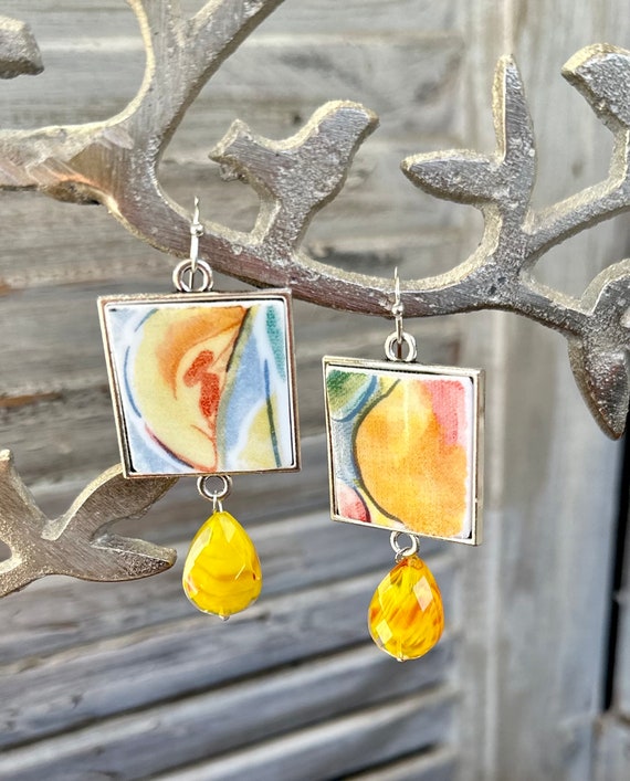 Correlle Fruit Basket Earrings, Upcycled Repurposed Broken China Jewelry