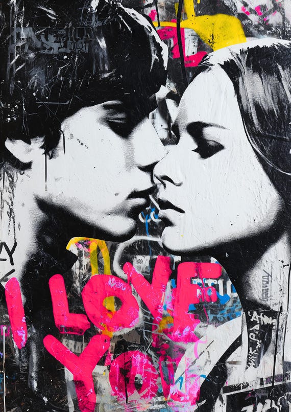 Pop Art Couple I love You Graffiti Mixed Media Print for Valentine’s Day Wrapping Paper Poster Decoupage Sheet