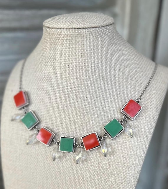 Multiple tile Vintage Pyrex Statement Silver Necklace