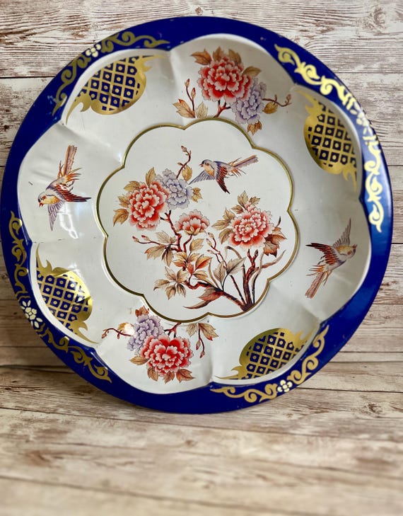 Vintage Tin Bowl by The Tin Box Company of America Floral Birds 10.5” NICE