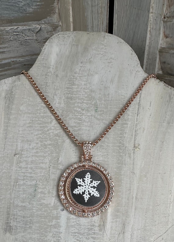 One of a kind Pyrex Snowflake on Charcoal on Rhinestone Round Pendant Necklace