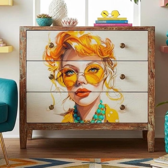 Decoupage Rice Paper A4 Eclectic Woman Watercolor, Tissue Style Napkin Art, Boho Portrait Yellow Sunglasses Turquoise Necklace Mixed Media