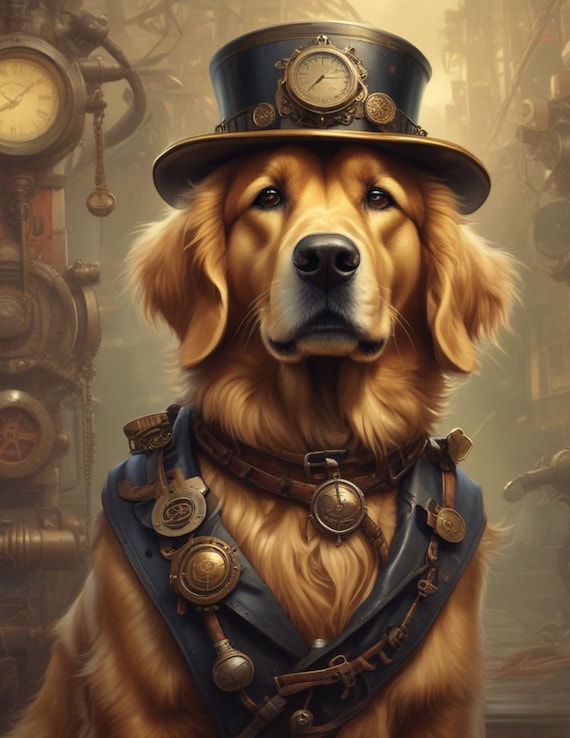 Steampunk Golden Retriever Decoupage Tissue Paper - Dog Goggles - Industrial Gears - Vintage SciFi - Rice Paper - Furniture DIY A4