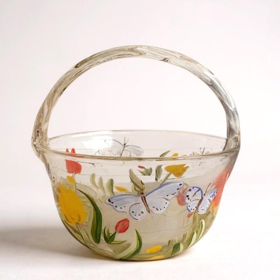 Hand Painted Blown Art Glass Handled Basket ~ Flowers & Butterflies