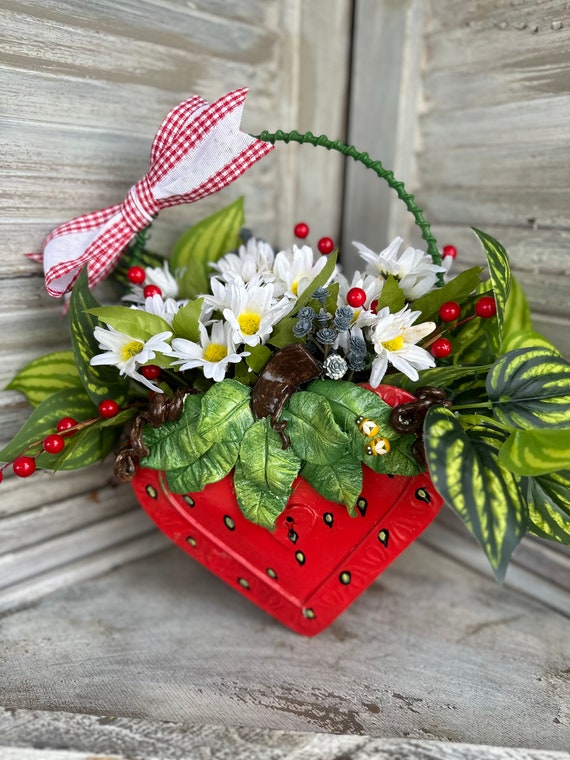 Metal heart Upcycled in a Strawberry with spring and summer florals