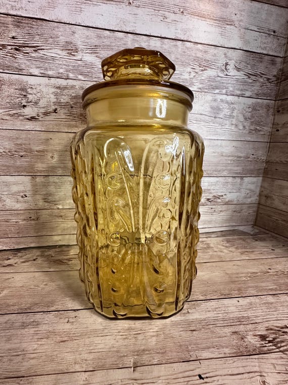 Vintage L. E. Smith Imperial Amber Glass Atterbury Scroll Canister