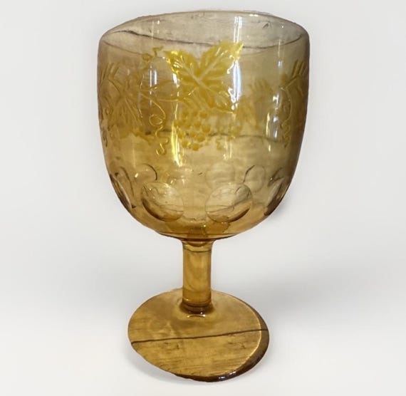Vintage MCM Bartlett Collins Amber Thumbprint Goblets-Etched Grape Pattern