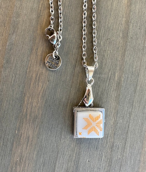 One of a kind Town and Country Pyrex Silver Square Pendant Necklace