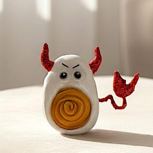 May include: A whimsical, devil-themed egg-shaped figurine. The white egg has red, textured horns and a tail. The yolk is a spiral of yellow. The figurine has black eyes and an angry expression.