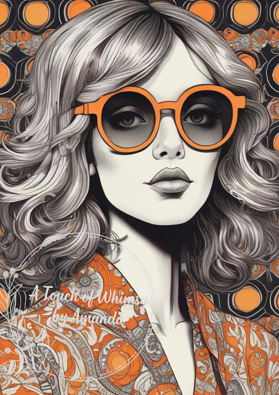 Pop Art Girl Decoupage Paper - Retro Glasses - Orange & Black - Rice Paper A4 - Mod 60s Lady - Funky Furniture Upcycle - Comic Style