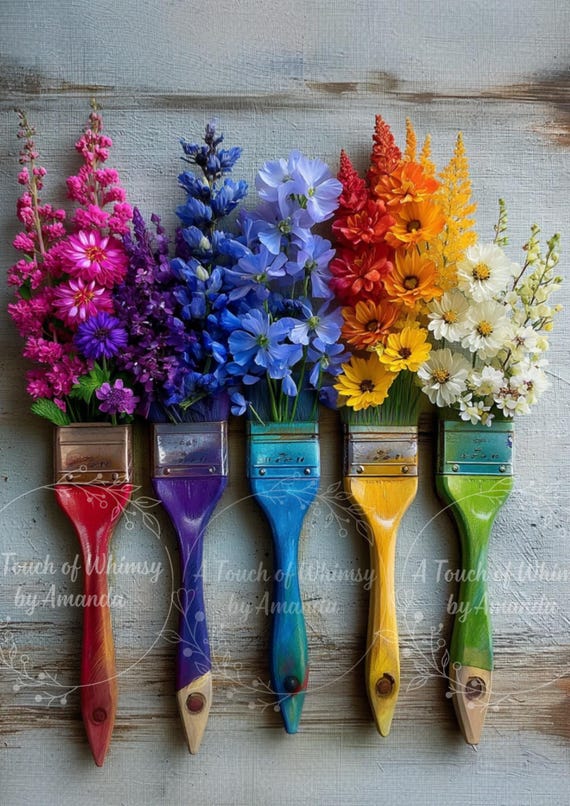 Painting of Spring Bouquets Bursting from Paint Brushes Decoupage Tissue and A4 Rice Paper