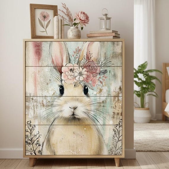Whimsical Watercolor Painting Bunny Rabbit with Spring Floral Crown Decoupage and A4 Rice Paper