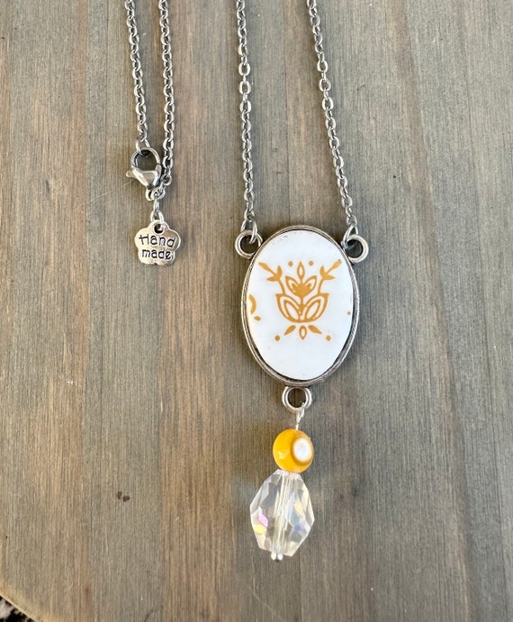 Corelle Butterfly Gold Necklace, Handmade Upcycled Repurposed Broken China Jewelry