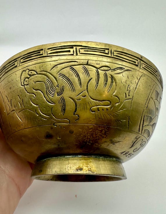 1925 Chinese Etched Brass Incense Bowl