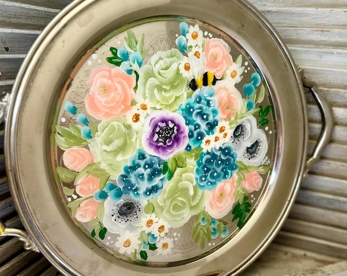 Featured listing image: Romantic Hand Painted Vintage Sterling Silver Coated Tray Spring Florals with Peonies, Roses, Hydrangeas, Daisies,and a Bumble Bee Wedding