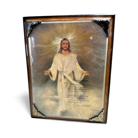 Resurrection Jesus Litho Foil Print Art Lois Nichols Bare Wooden Plaque 6.75x9"